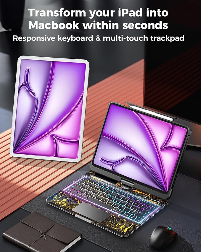 SIEBITU Clear Wireless Keyboard Case for iPad Air 13-inch (M3 2025/M2 2024) & iPad Pro 12.9-inch 6th 5th 4th 3rd Gen with Pencil Holder, Multi-Touch Trackpad & 7-Color Backlit, 360°Rotating, Black