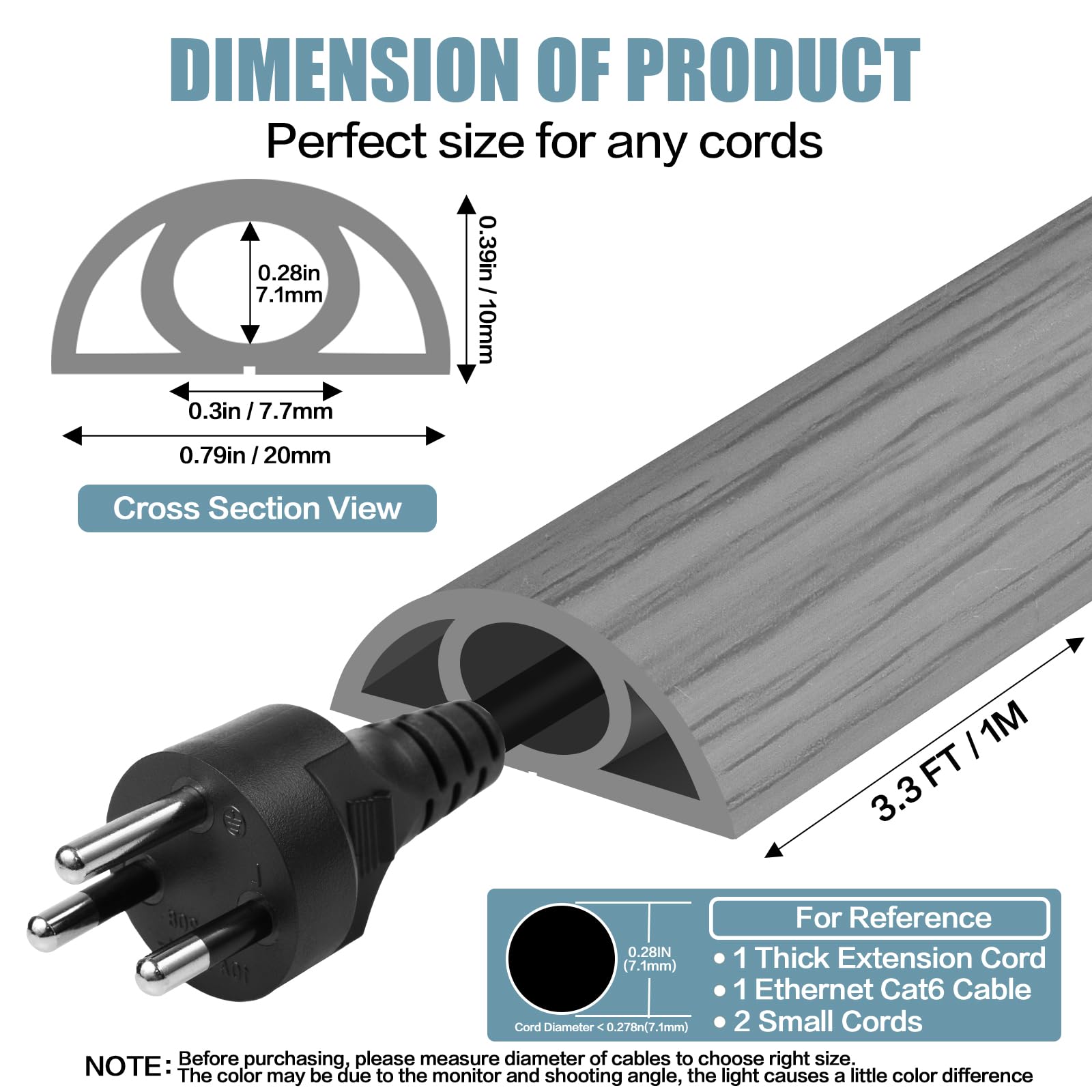 Floor Cord Cover Self Adhesive Cord Hider,3.3FT Cable Management, Extension Strip Protector for Wires, Prevent Cable Trips for Offices, Gyms, Exhibitions Cavity:0.3"(W) x 0.28"(H) Gray Wood