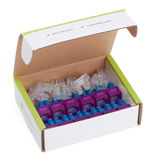 trueCABLE Cat6 Keystone Jack, Unshielded (UTP), 90 Degree Punch-Down, PoE++ (4PPoE) 100W, UL Listed, ETL Verified, ANSI/TIA Certified, Modular RJ45 Female, Purple, 12 Pack