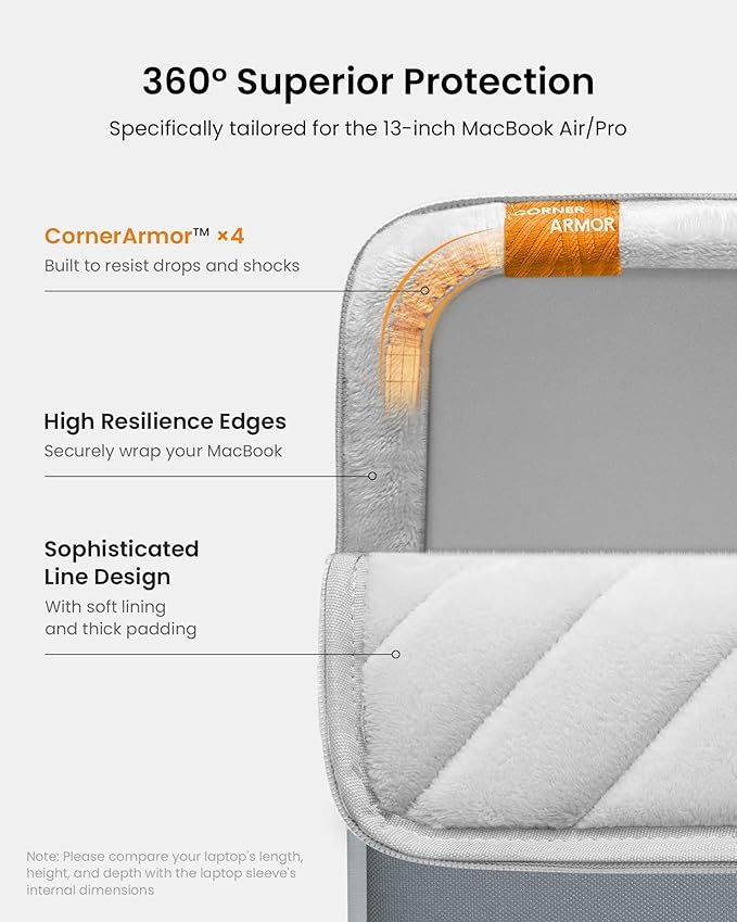 tomtoc 360° Protective Laptop Sleeve for 13-inch New MacBook Air M4/A3240 2025, M3/A3113, M2/A2681 M1/A2337 A2179 A1932, 13-inch MacBook Pro M2/A2686 M1/A2338, Water-Resistant Computer Case Bag