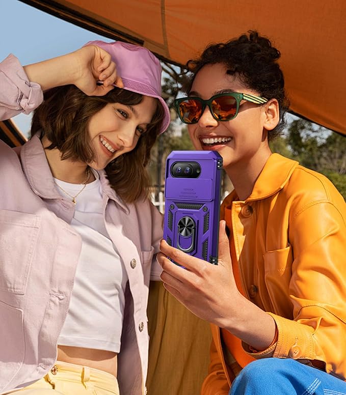 Taisairu for Google Pixel 9A Case with Screen Protector & Slide Camera Lens Cover, Built-in 360°Rotate Magnetic Ring Stand Shockproof Protective Phone Case for Google Pixel 9A Case (Purple)