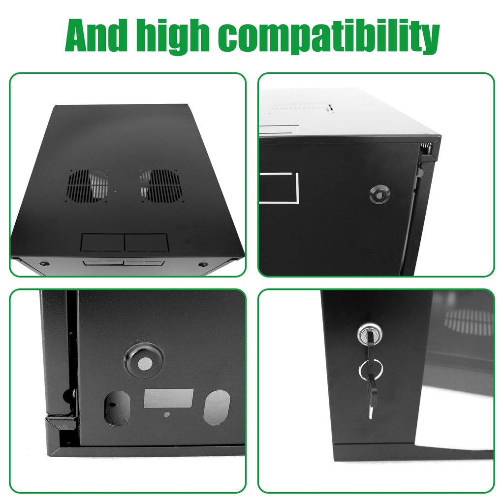 GlobalRack 9U Wall Mount Cabinet, Glass Door, Locking Casters, 2 Fans