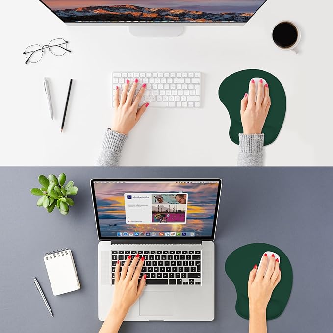 ITNRSIIET Ergonomic Mouse Pad, Cushioned Gel Wrist Rest, Non-Slip Base, Smooth Surface, Cute Multi-Color, 9.5 x 8.2 in, Deep Green