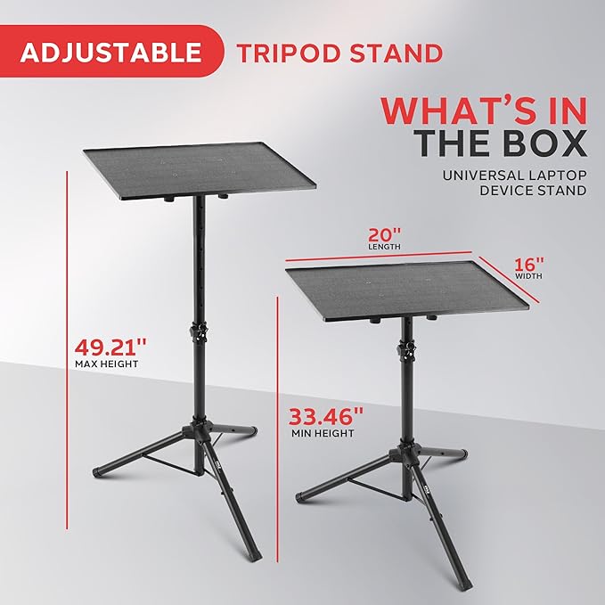 Pyle Universal Projector Stand – Adjustable Tripod for Laptop, DJ Gear, Projectors – Heavy-Duty, Portable – Height Adjustable 28" to 46" – Ideal for Stage, Studio, Office, Events