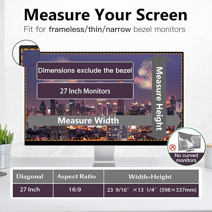 Magnetic Computer Privacy Screen Filter 27 Inch for Frameless Monitor Thin Bezel 16:9 Widescreen, Hanging Removable Anti Blue Light Privacy Filter Protector Eye Protection
