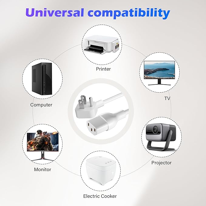 Adoreen 6 Ft Computer TV Replacement Power Cord White, Low Profile Flat Plug 18AWG 3-Prong AC Universal Power Supply Cable NEMA 5-15P to IEC 320 C13 for Printer, PC, Monitor TV LCD, ETL+Ties