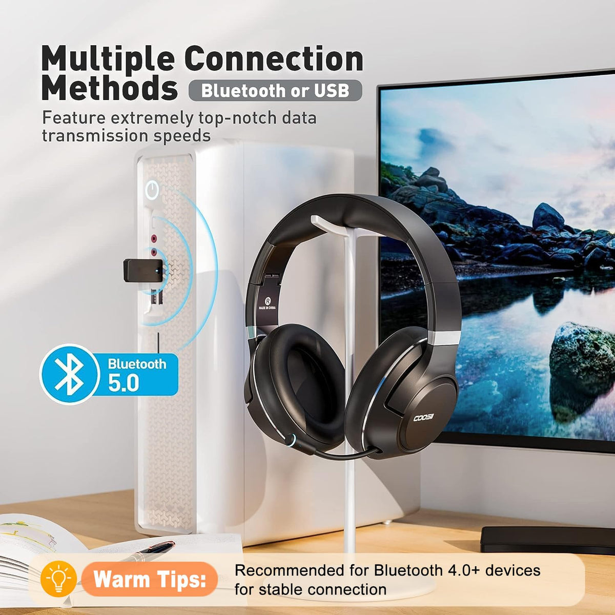 H300 Wireless Headphones with Microphone,Over Ear Bluetooth Headsets, Black
