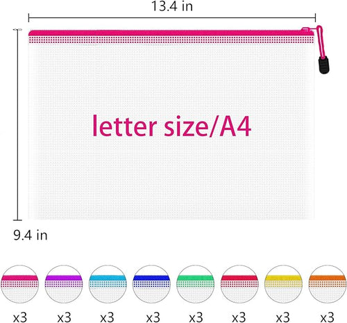 24pcs A4 Mesh Zipper Pouch Bags, Mesh Bags with Zipper Bulk, Pouches for Organization, Clear Storage Bags for Classroom, Travel, Office