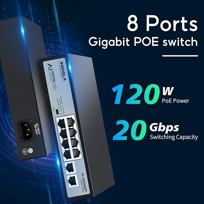 SODOLA 8 Port Gigabit PoE Switch,2 Gigabit Uplinks,120W 48V Built-in Power,802.3af/at,Plug & Play Unmanaged PoE Network Switch