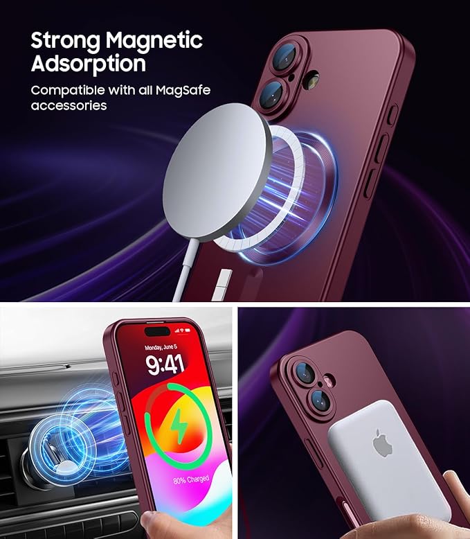 Magnetic for iPhone 16 Case [Compatible with MagSafe][Built-in Camera Lens Protector] Slim Soft Silicone Bumper Shockproof Metallic Luster Phone Case (Burgundy)