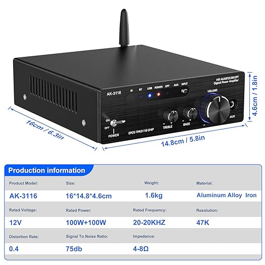 Facmogu AK-3116 HiFi Digital Amplifier, Bluetooth 5.3 200W Dual TPA3116 2 Channel 2x100W Class D Stereo Receiver w/RCA, USB, Optical, FM, Mini Amp Audio System for Home, Outdoor, w/ 24V Power Supply