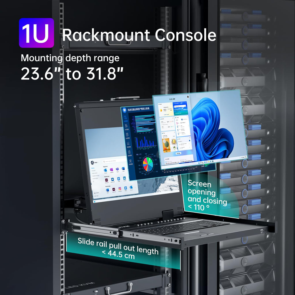 MT-VIKI® KVM Rack Mount HDMI with 17.3'' LCD Monitor, 1080P@60Hz Support OSD/Hotkey, Included 8 KVM Cables+Keyboard + Touchpad, Fit 1U 19'' Rack, Mount Depth 23.6-31.8"