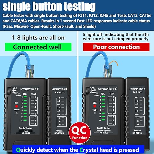NOYAFA Network Cable Tester for RJ45, RJ11, RJ12 /Cat5, Cat5e, Cat6, Cat6a, Cat7, Phone Line Cat3, Ethernet Tester, LAN Cable Test Tool (Black)