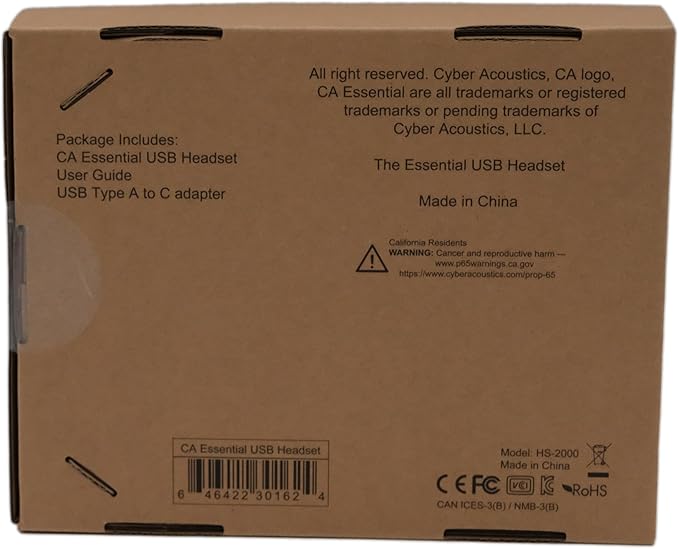 CA Essential USB Headset (HS-2000) – Professional Headset for Calls & Music, All-Day Comfort, Integrated Ear Cup Controls, Optimized for UC Platforms