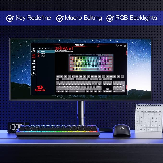 Redragon K522 60% Wired RGB Membrane Gaming Keyboard, Compact 61 Keys Linear Mechanical-Feel Switch Keyboard w/ 4 Extra On-Board Macro Keys & Media Control Keys