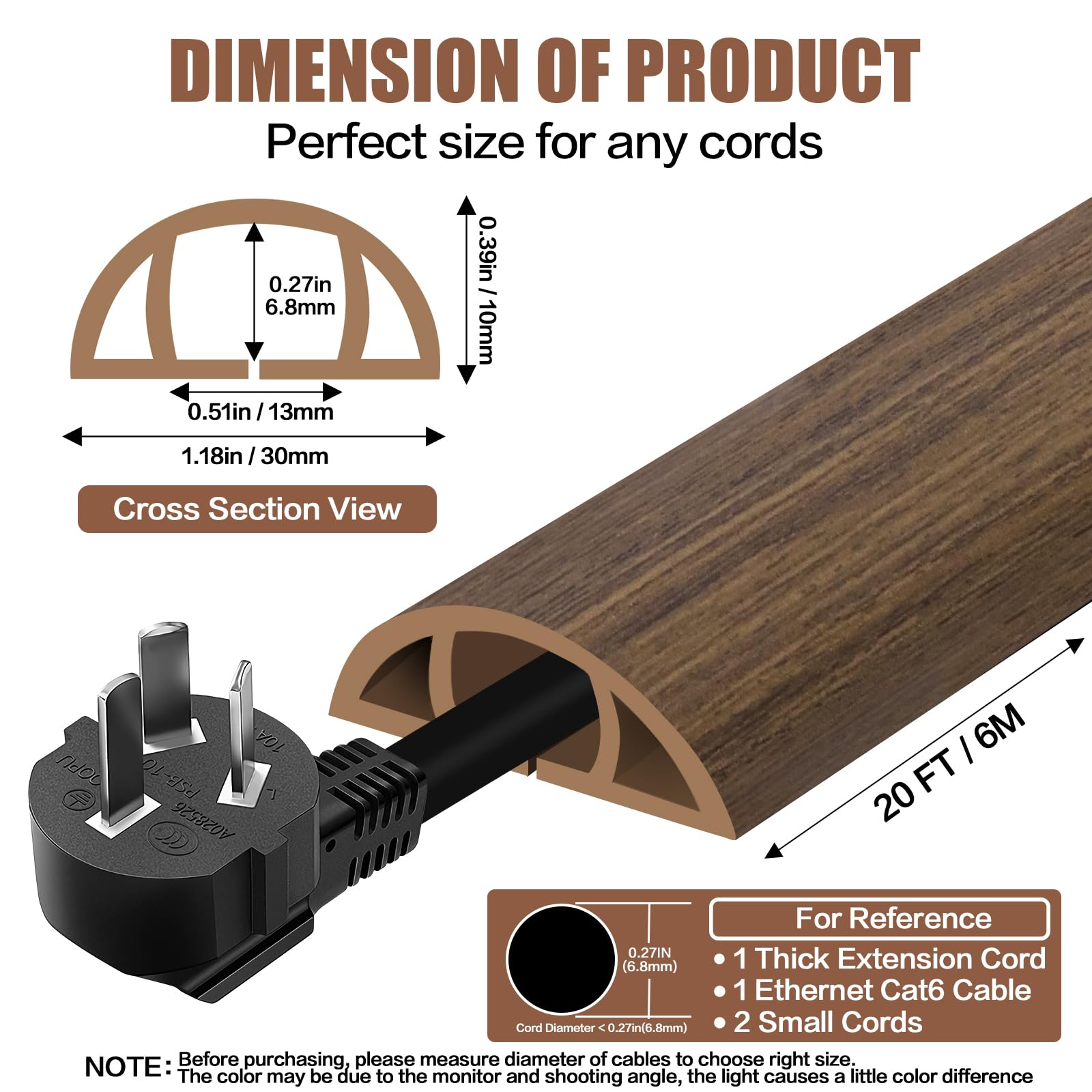 Floor Cord Cover Cable Cavity Self Adhesive Cord Hider Floor 10FT Floor Cable Management Power Cord Protector Floor Electric Cord Covers for Offices, Gym, Exhibitions (Misty Brown Wood, 1.18" x 20')