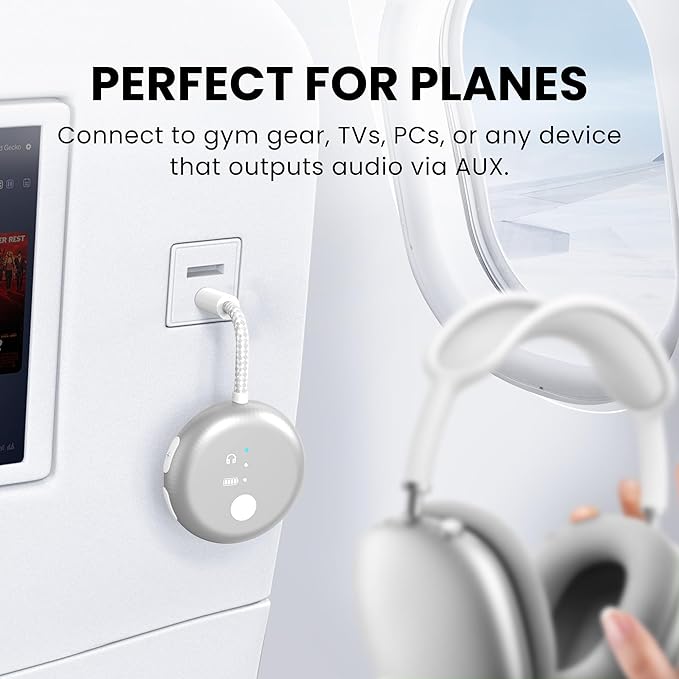 Avantree SoundJet R1 – Airplane Bluetooth Adapter for Headphones & AirPods, aptX Adaptive, Qualcomm Chipset, 20H Battery, Wireless Audio Transmitter for in-Flight Travel Essentials - Silver
