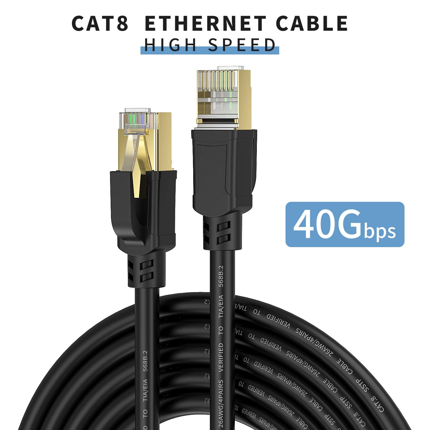 YixGH Cat8 Ethernet Cable, Internet Network Cord, 40Gbps 2000Mhz LAN Wires, High Speed SSTP LAN Cables with Gold Plated RJ45 Connector for Router, Modem, Gaming, Xbox (300ft)