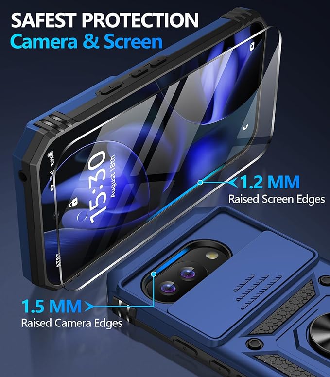 Taisairu for Google Pixel 9A Case with Screen Protector & Slide Camera Lens Cover,Built-in 360°Rotate Magnetic Ring Stand Shockproof Protective Phone Case for Google Pixel 9A Case (Blue)