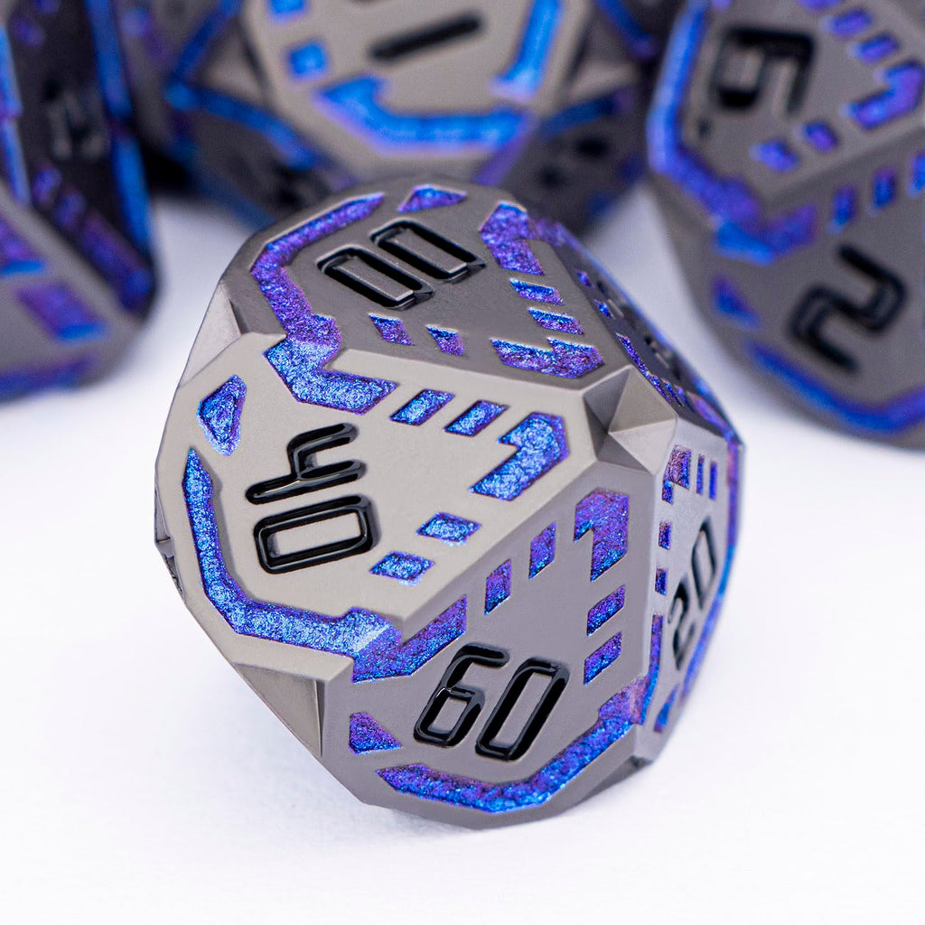 OGCOPHEN Metal DND Sci-fi Dice Set 7PCS Stripe Polyhedral Dice for Dungeons Dragons RPG Role Playing Game, Glitter D and D Dice with Gift Box D6 D8 D10 D12 D20 (Black&Blue Purple)