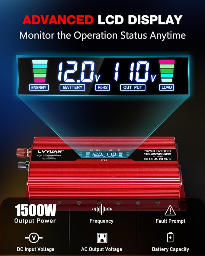 LVYUAN 1500W Car Power Inverter 12V to 110V DC to AC with 2 US Sockets, Cigarette Lighter, LCD Display, USB Ports for Car, Home, Truck, Outdoor, Camping