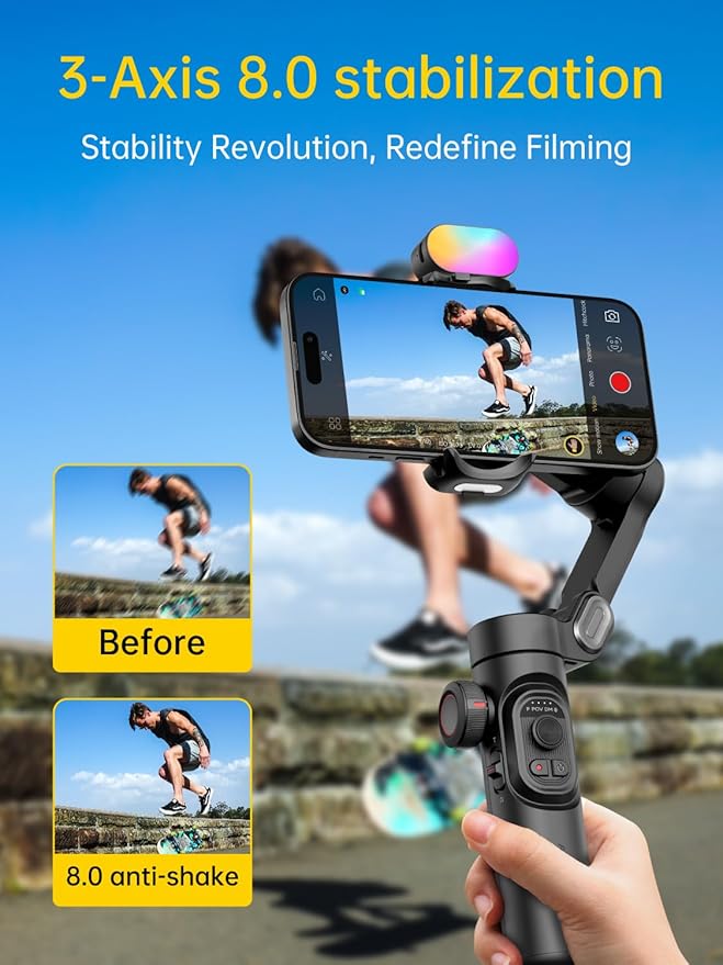 3-Axis Gimbal Stabilizer for Smartphone with RGB Magnetic Fill Light Upgraded Face Tracking Focus Wheel Foldable iPhone Gimbal for iPhone/Android Phone Stabilizer Vlog Recording Smart XE Kit