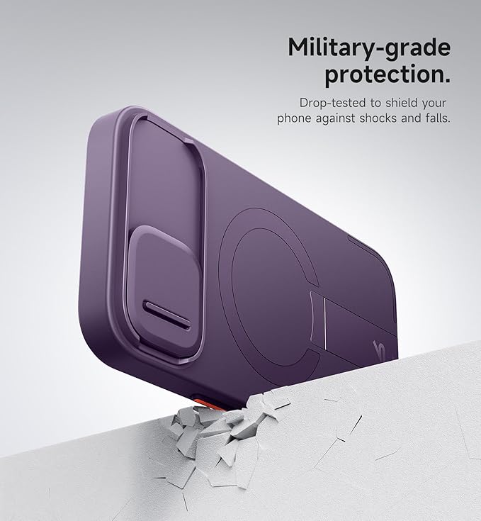 SURITCH for iPhone 15 Case with Magnetic Camera Slide Cover and Adjustable Kickstand, Compatible with MagSafe, Shockproof Bumper Case Slim Protective Cover 6.1 Inch, Dark Purple