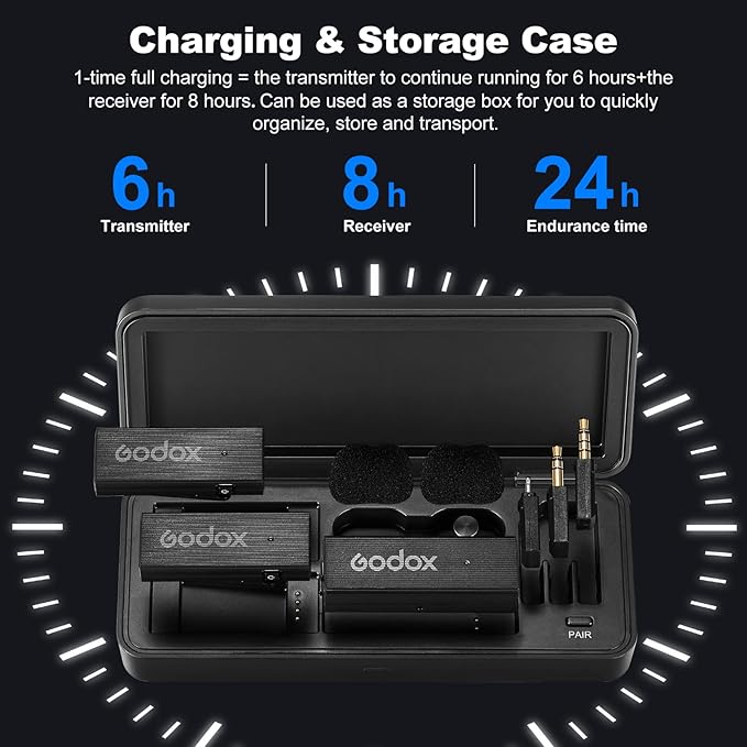 GODOX 【2025 Latest Model Movelink Mini LT Kit Wireless Microphone System, 2.4GHz Lavalier Mic 100m(328ft.) Range with Charging Case for iPhone, Camera, Vlogger, Youtuber, Interviewer