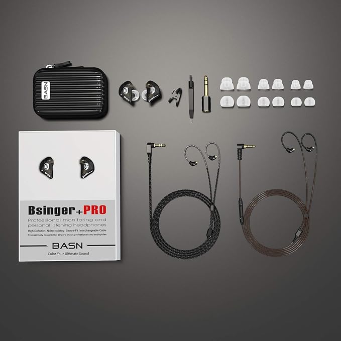 BASN Bsinger PRO in-Ear Monitors Hybrid Dynamic Dual Drivers Two Detachable MMCX Cables Musicians in-Ear Earbuds Headphones (Black)