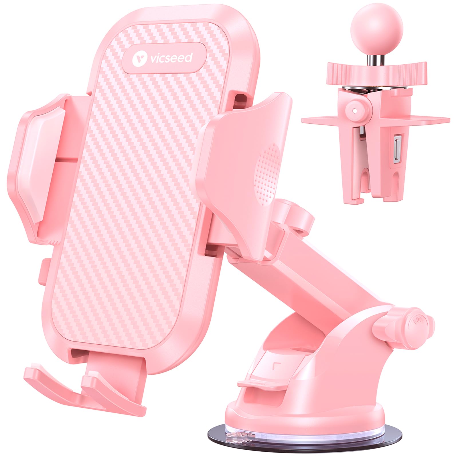VICSEED Pink Phone Holders for Your Car, [True Military-Grade Shockproof Strongest Suction Power], 3-in-1 Dashboard Windshield Vent, Truck Boat Stand Cell Phone Mount for iPhone Android All Phones