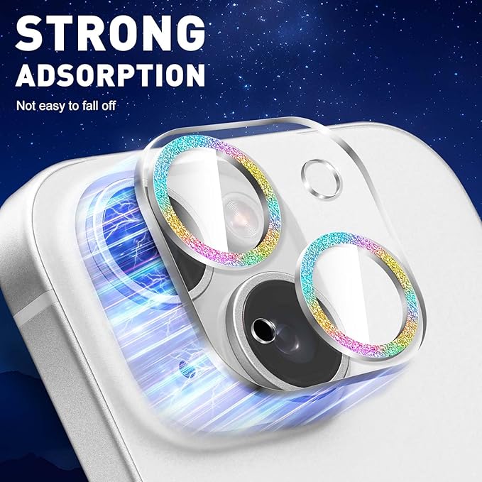 LucBuy 3PCS Sparkling Camera Lens Protector for iPhone 15/iPhone15 Plus, Full Clear Acrylic Cover with Shiny Colorful Glitter Designed Decoration Back Camera Protector