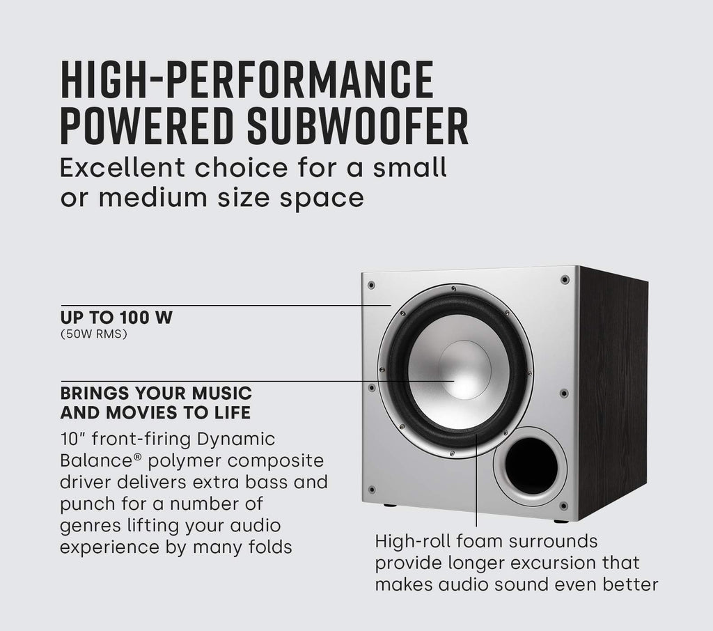 Polk Audio PSW10 10" Subwoofer, Big Bass Compact Design, Up to 100 Watts