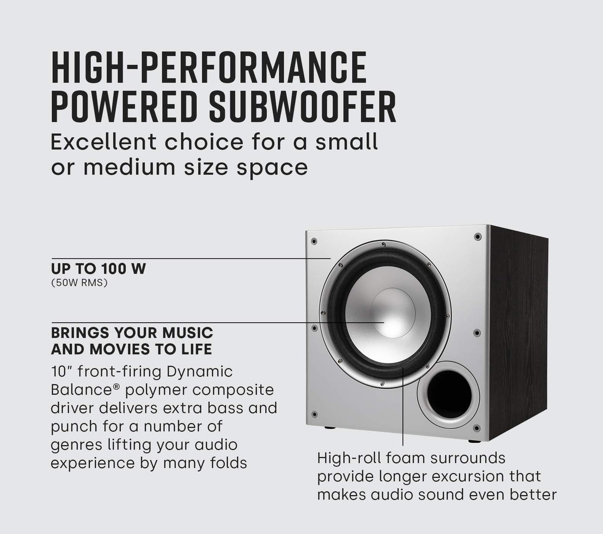 Polk Audio PSW10 10" Subwoofer, Big Bass Compact Design, Up to 100 Watts