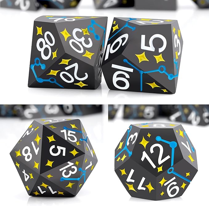 PJOY Metal Dice Set D&D Star DND Dice Set Polyhedral Dice for RPG Role Playing Games Dungeons and Dragons TTRPG Black Yellow Blue DND Dice for DND Gamers