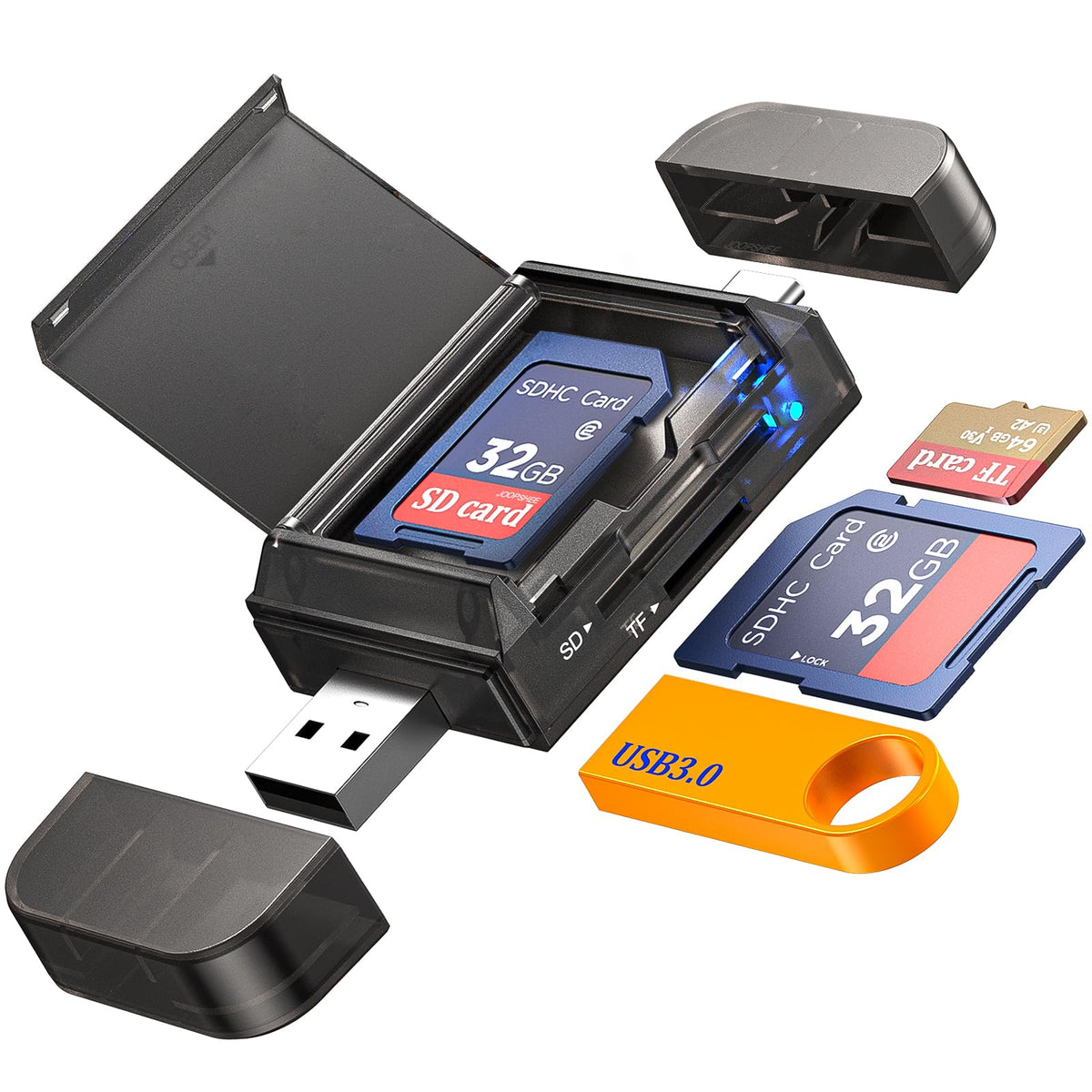 6-in-1 SD/TF Card Reader Adapter with SD Card Storage USB A & Type C Port & USB 3.0 Slots for Micro SD/SDHC/SDXC/MMC Memory Cards, Compatible with PC, MacBook, Chromebook, Android Phone, i-Phone
