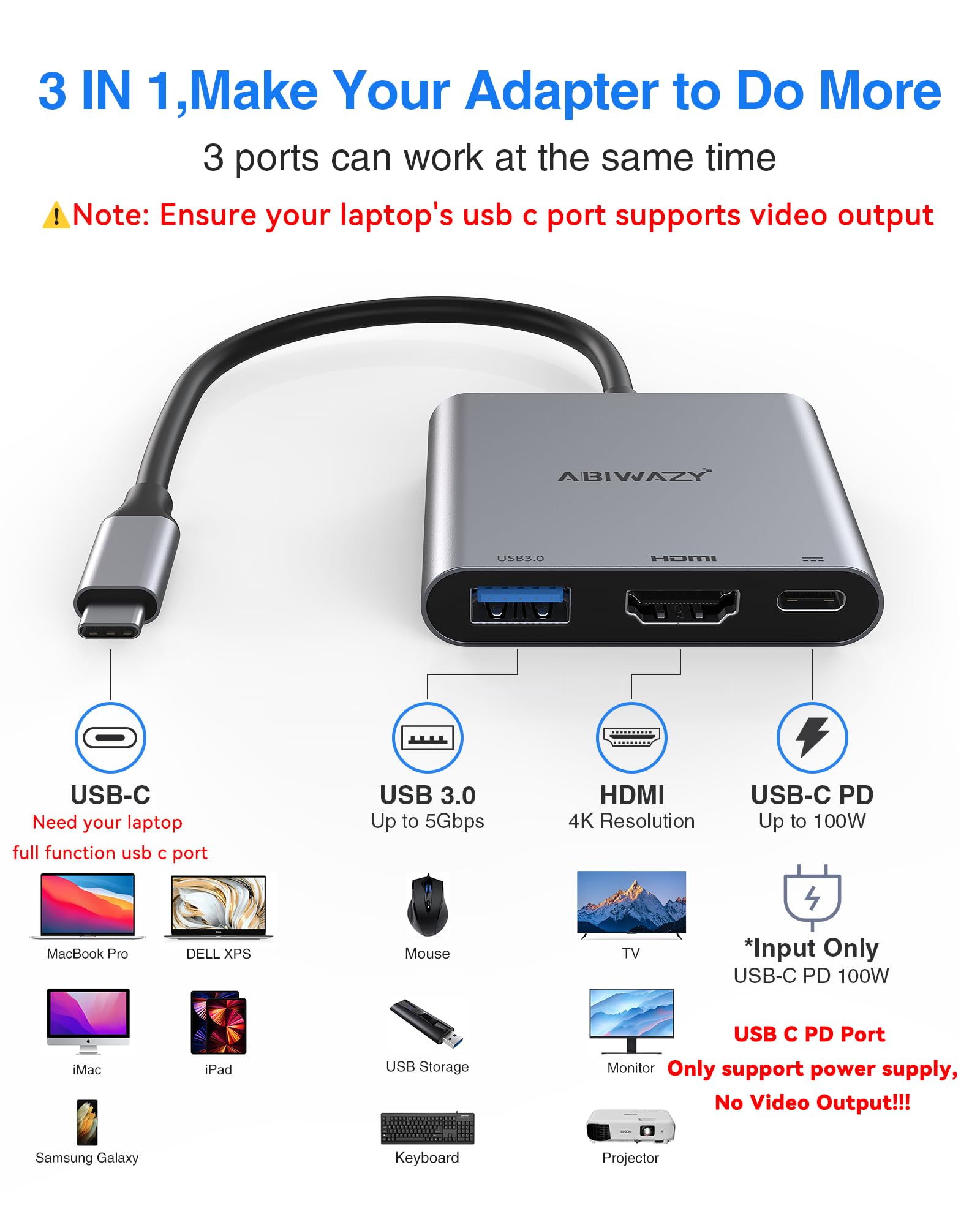 USB C to HDMI Multiport Adapter with 4K HDMI Output,Type-C Hub Converter to 4K HDMI USB 3.0 PD Charging Port,USB-C Digital AV Multiport Adapter for MacBook Pro/air,iPad Pro &More USBC Devices(Grey)