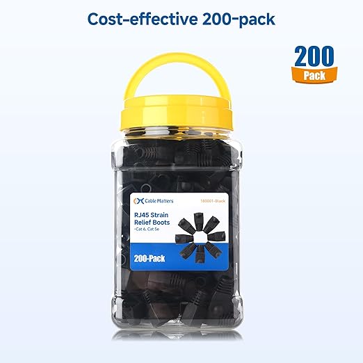 Cable Matters 200-Pack Cat6 / Cat5e RJ45 Strain Relief Boots, RJ45 Boot, Cat 6 Boot, Cat6 Ethernet Boots, Black, Suitable for 6.5mm (0.25in) Ethernet Cables
