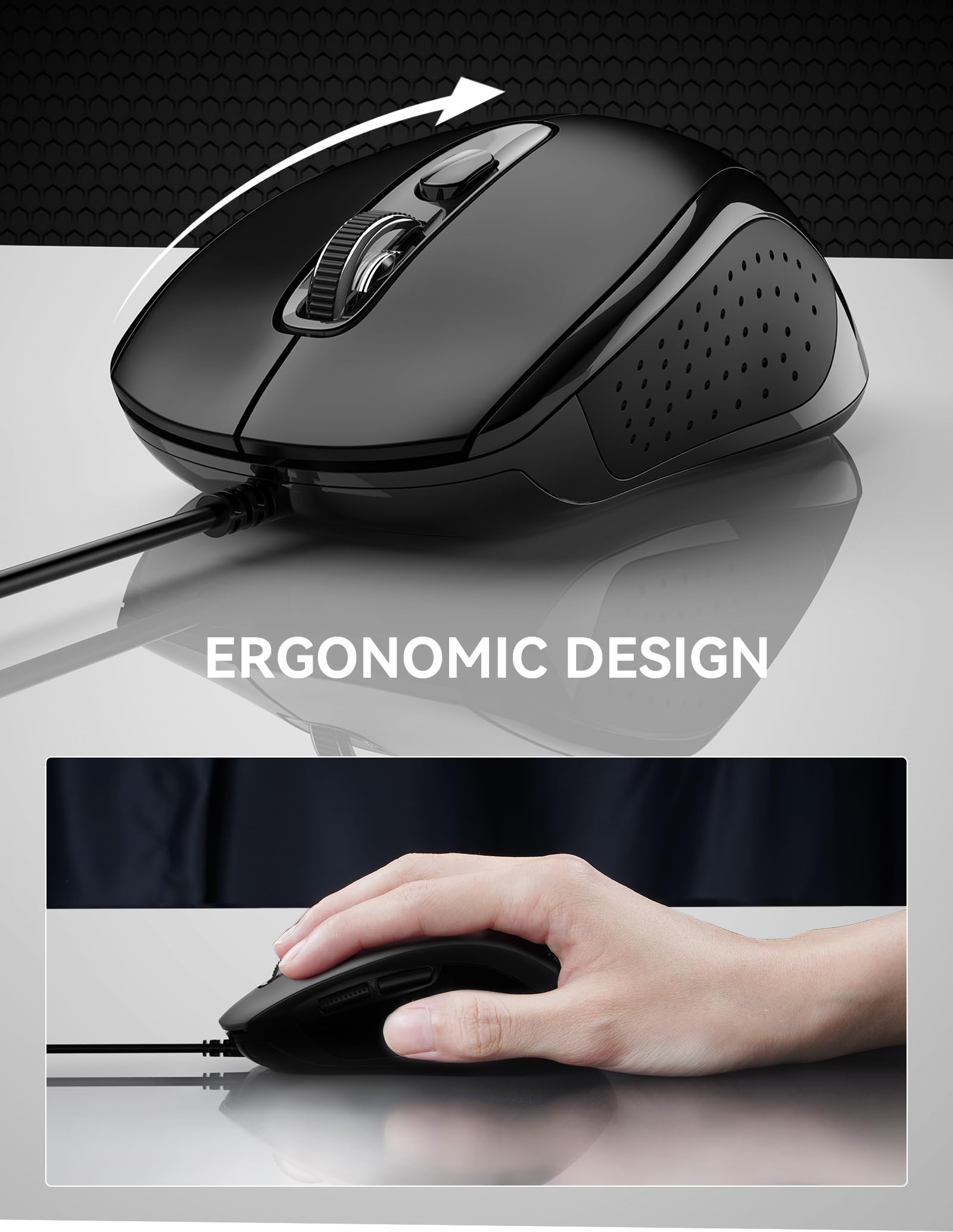 TECKNET Wired Mouse, 3600DPI, USB Wired Computer Mice, 6-Button, 4-Levels