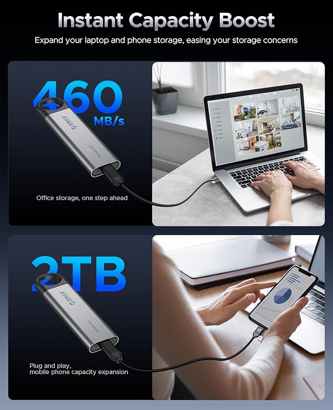 ORICO 2TB Portable SSD, Up to 460MB/s Speed External Solid State Drive, Hanging Hook Design, Plug & Play, USB-C & A 2-in-1 Cable, Portable Storage for Type-C Smartphones, Tablets, Laptops - C5C5