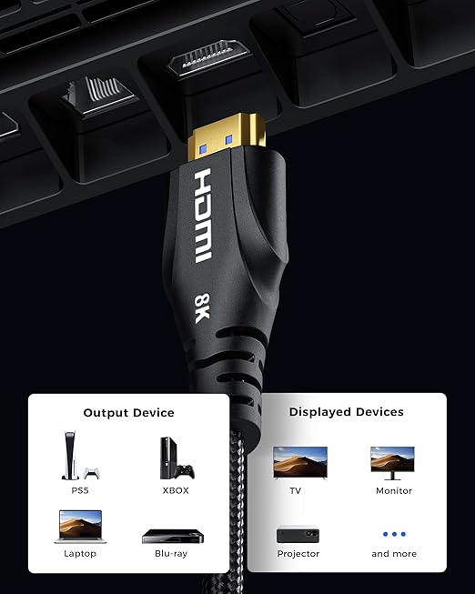HDMI Cable 25FT Long - 4K 120hz,8K 60hz,48Gbps High-Speed HDMI Braided Cord,HDCP 2.3,eARC - Compatible with HDTV,Projector,Monitor and More