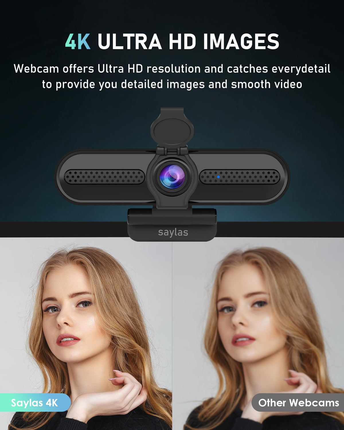 saylas 4K Webcam with Microphone, 78°FOV FHD PC Camera with 4K/2K/30fps, 1080P/60fps, Privacy Cover, USB Web Cam, Autofocus, External Webcam for PC, Computer Web Camera for Laptop, Mac, Zoom