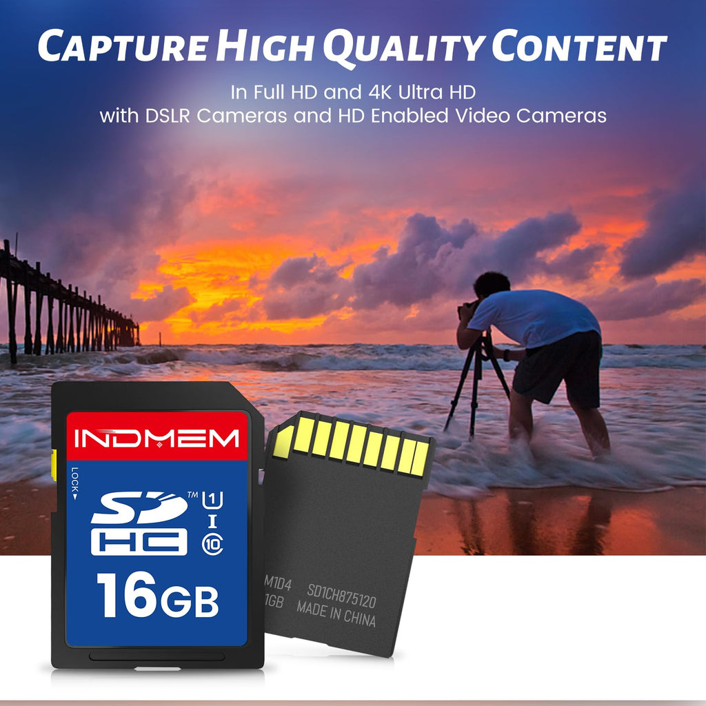INDMEM SD Card 16GB, 10-Pack UHS-I Class 10 MLC Flash Memory Card, High-Speed Secure Digital Cards for Cameras, DSLR, Action Cams - Reliable Storage