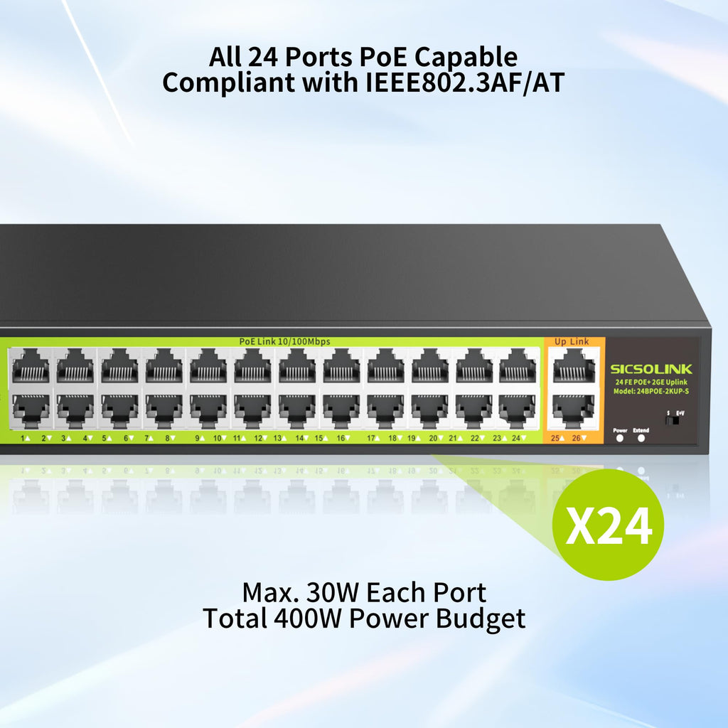 24 Port PoE+ Switch 2 Gigabit Uplink 400W Rack Mount Unmanaged IEEE 802.3af/at Extend 250M for IP Cameras AP VoIP Phones 6KV Lightning Protection