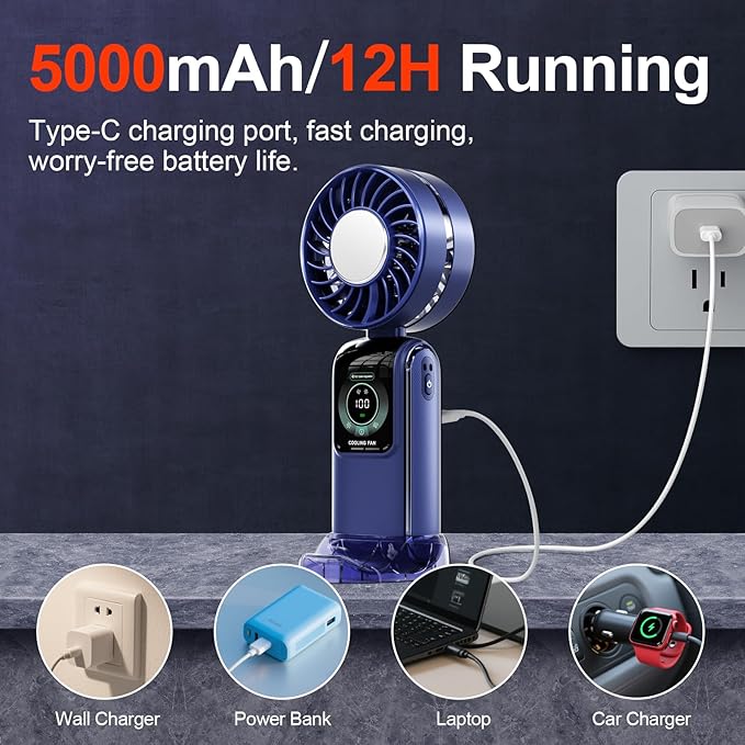 Blows Cold Air Portable Handheld Fan with Stand & Lanyard, 5000mAh USB-C Rechargeable Battery, 12H/5-Speed LED Display Mini Fan for Travel Beach Cruise Concerts Outdoor Events(Blue)