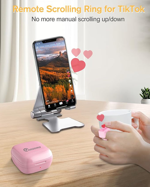 ADZERD Remote Control for TikTok, Page Turner for iPhone/iPad, Bluetooth Camera Video Recording Remote, Scrolling Ring for TIK Tok, Compatible with iOS/Android Phones & Tablets - Pink