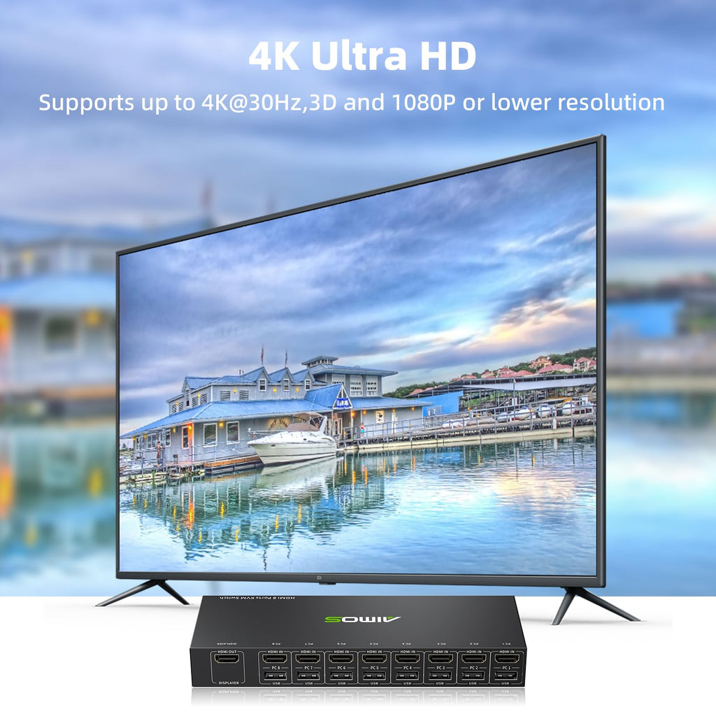 8 Port KVM Switch HDMI 4K@30Hz, USB2.0 HDMI KVM Switch for 8 Computers Share 1 Monitor Keyboard Mouse Printer, Support Hotkey Switch, with Remote Control and 8 USB Cables