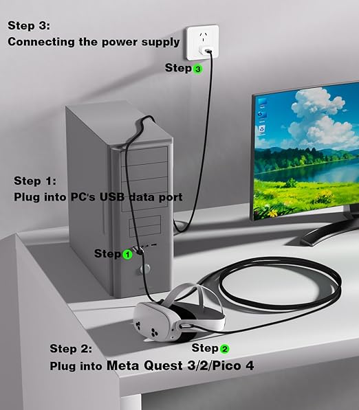 16FT VR Charging Link Cable | USB 3.0 High-Speed Data & Charge for Meta Quest 3S/3/2/Pro, Pico 4 and PC/SteamVR USB-C Charger Cord for VR Headset - Gray