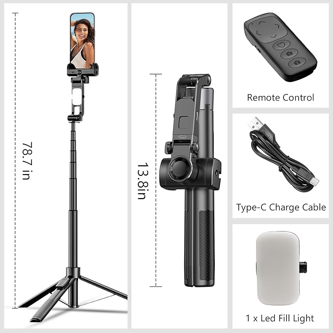 71" Tripod for iPhone with Light, Auto Face Tracking Selfie Stick Tripod, Upgrade Strong Gimbal Stabilizer 360 Rotation with Remote for Content Creator Vlog Live Streaming Video Record Tiktok YouTube
