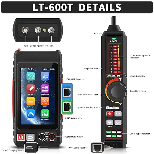 Multifunction RJ45 Network Caber Tester,Full Features UTP Cable Tester Cable Tracer,4" IPS Touch Screen Support TDR,DMM, VFL,OPM, POE++ Detect,Level Meter,Network Tools,RJ45 TDR, Cable Length,NCV