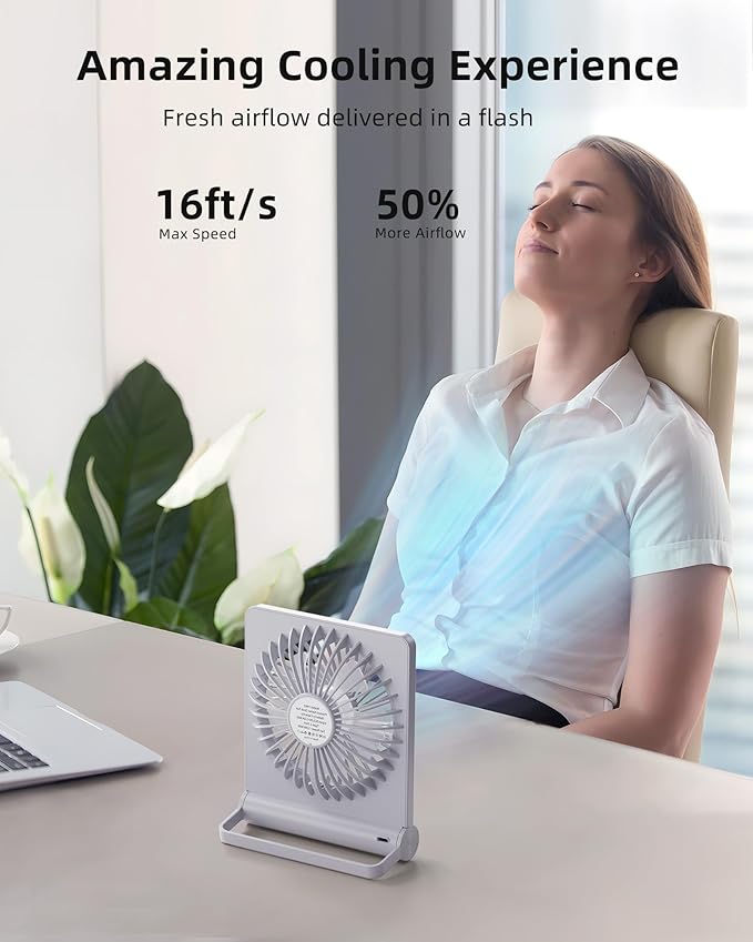 Koonie Portable Desk Fan, 3.5-20hrs Battery Operated Small USB Fan with Ultra Quiet 220° Tilt Folding, Rechargeable Personal Fan with 3 Speeds Strong Wind for Home Office Desktop, White
